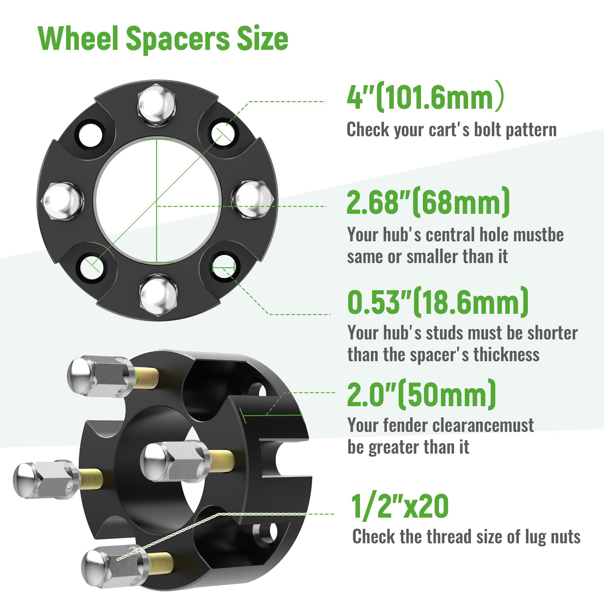 Zestaw dystansowych kół do wózka golfowego 5.1 cm z nakrętkami mocującymi, pasuje do Yamaha Club Car EZGO ATV, wzór śruby 4 x 4 (101,6 mm), otwór piasty 68 mm, 1/2-20 kołków (4 sztuki), czarny