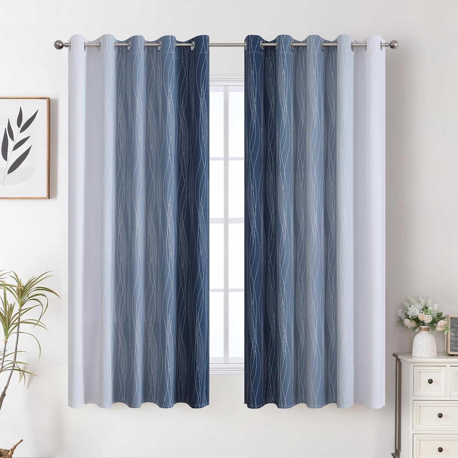 Navy Blue and Greyish White Blackout Curtains for Bedroom 62 Inches Wide image 2