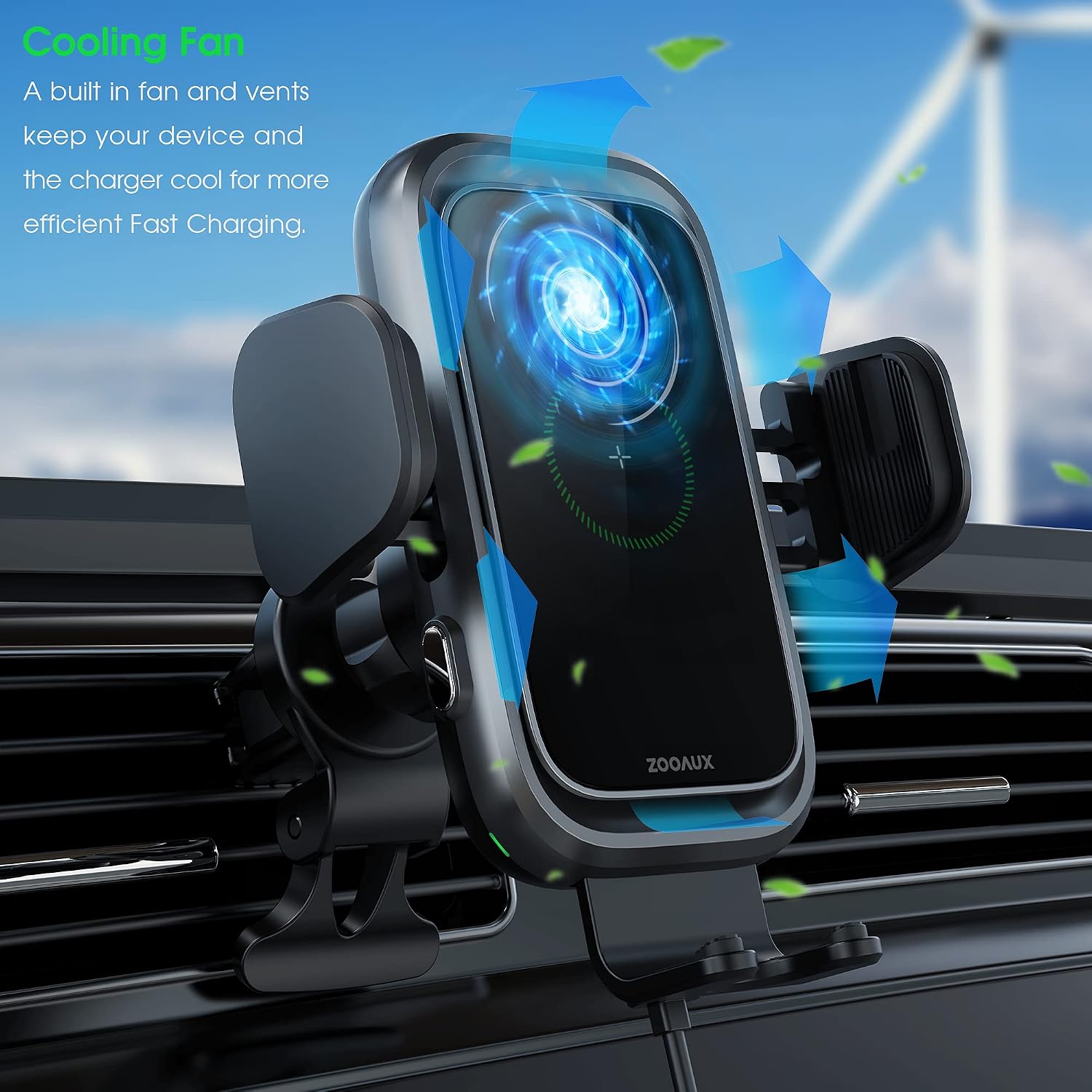 [Upgraded Version] ZOOAUX Wireless Car Charger,15W Fast Charging Auto-Clamping Air Vent Mount Phone Holder,Built-in Cooling Fan for iPhone 13/13 mini/12/11/XR/X/8,Samsung S22/S21/S10/S9/S8 and More