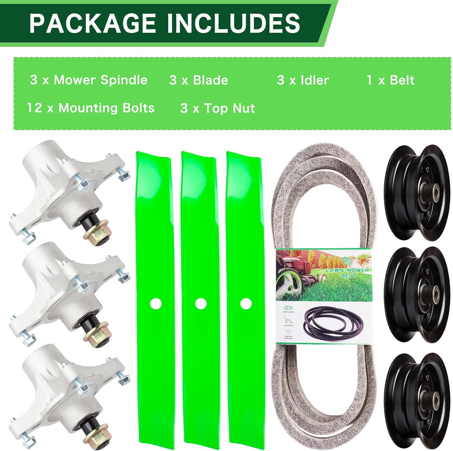 50 Inch Deck Rebuild Kit Compatible with Toro Time Cutter SS5000 Z5000 Z5020 Z5030 Includes (3) Spindle 121-0751 (3) Idler Pulley 106-2175 (3) Blade 110-6837-03 (1) Belt 119-8820