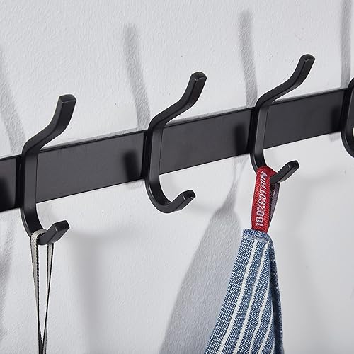 Miniatura 6 de Ganchos de pared resistentes, perchero de 17 pulgadas con 6 ganchos, ganchos de pared negros para colgar mochila, bolsa, bolso, ropa, sombrero,