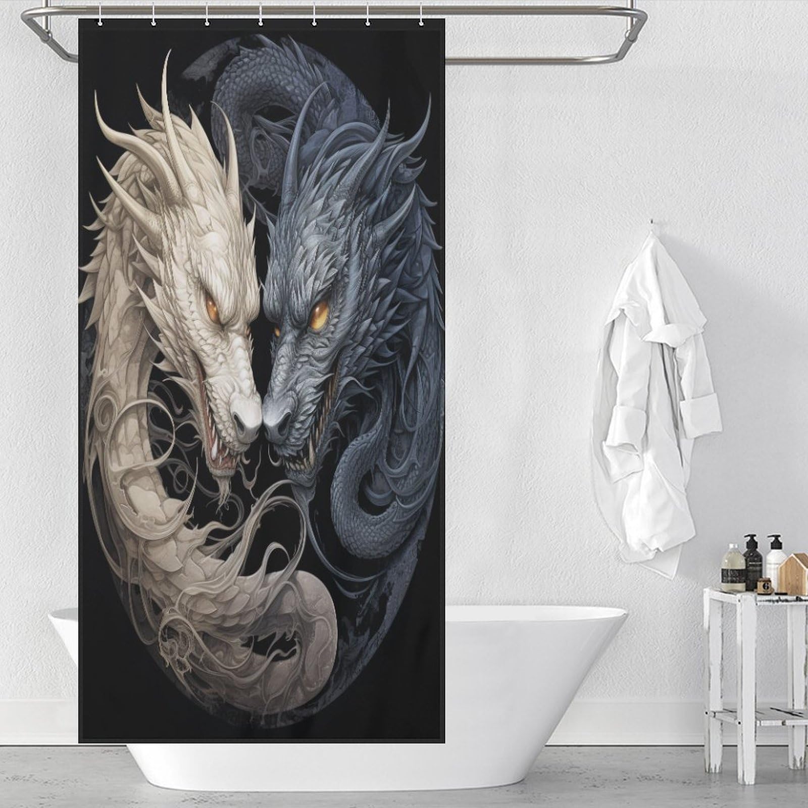 Rideau de douche dragon textile imperméable 92x183cm pour baignoire avec 12 crochets
