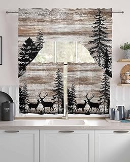 Tier and Swag Window Curtain Set, Forest Deer Pine Tree Kitchen Valance Tier Curtains 3 Pieces Set, Retro Wood Board Animal Plant Rod Pocket Valances Window Treatment for Living Room Bedroom