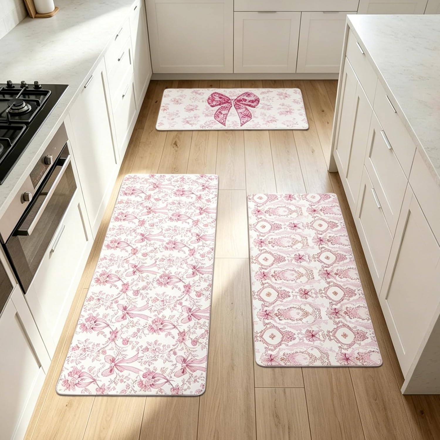 Pink Bow Kitchen Rug and Mat Set of 3, Cute Coquettte Kitchen Rugs, Non-Slip Bow Sweet Decorations for Home Indoor Bathroom Living Room Sink Laundry Floor Decor 18''x31''+18''x47''+18''x60''
