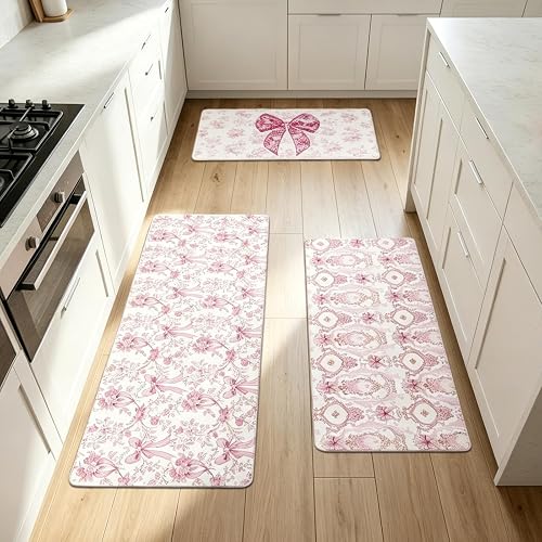 VISSTREE Pink Bow Kitchen Rug and Mat, Cute Coquettte Kitchen Rugs | Set of 3, Non-Slip, Bow Sweet Decoration, Home Indoor Bathroom Living Room Sink Laundry Floor Decor, 18x31, 18x47, 18x60 Inch