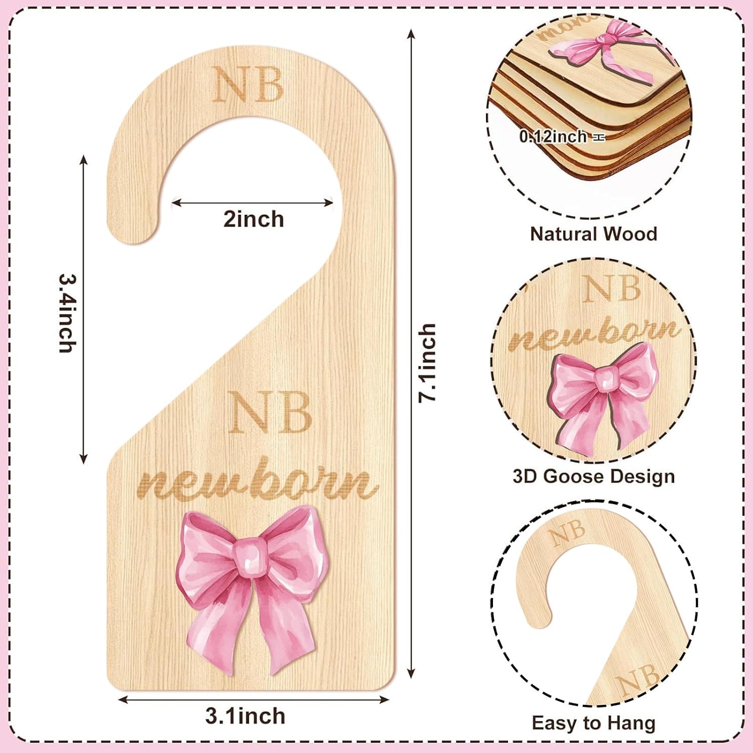 TheClover Closet Dividers Pink Bow Organizer - 7-Pack Wooden Hanging Size Separators for Wardrobe, Months Labels, Sweet Room Storage Accessories