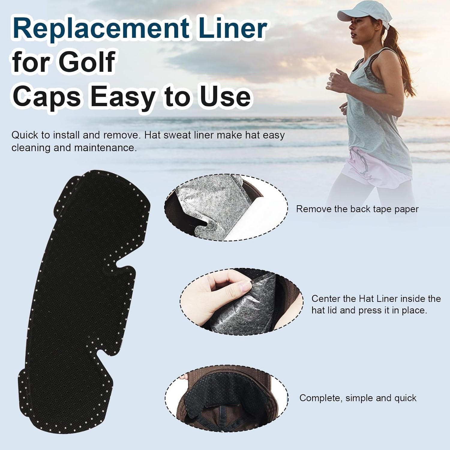 Hat Sweat Liner for Golf Cap, Absorbent Sweat Pads for Hats, Thin Soft Lightweight Hat Liner for Men Women 3 Pack Black