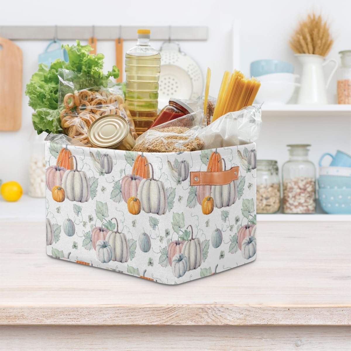 Cute Pumpkin Maple Leaves Fall Storage Basket Cube Collapsible Thanksgiving Canvas Storage Bin for Organizing Shelves,Pantry,Closet,Girls Room,Clothes,Toys