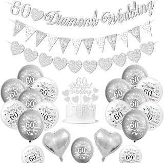 60th Wedding Anniversary Decorations, Diamond Wedding Decorations 60 Diamond Wedding Banner Happy 60th Anniversary Balloons Silver White Balloons Heart Balloons 60 Diamond Wedding Cake Topper