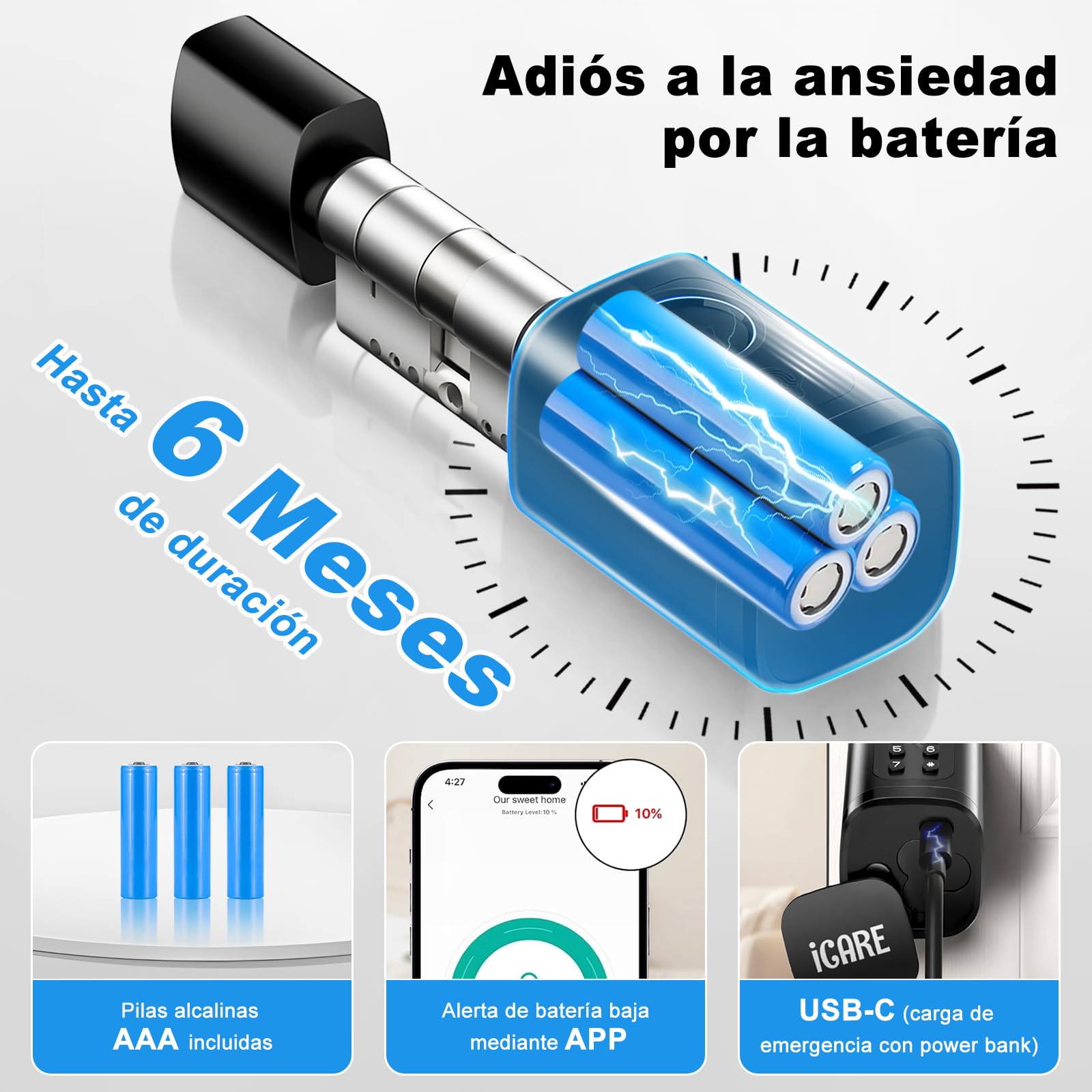 Cerradura Inteligente, Cilindro de Cerradura Ajustable 60-90mm (30/30, 45/45), Cerradura Electrónica para la Puerta de Entrada con RFID, App, Bluetooth, Teclado, WIFI, Smart Lock con Código Pin