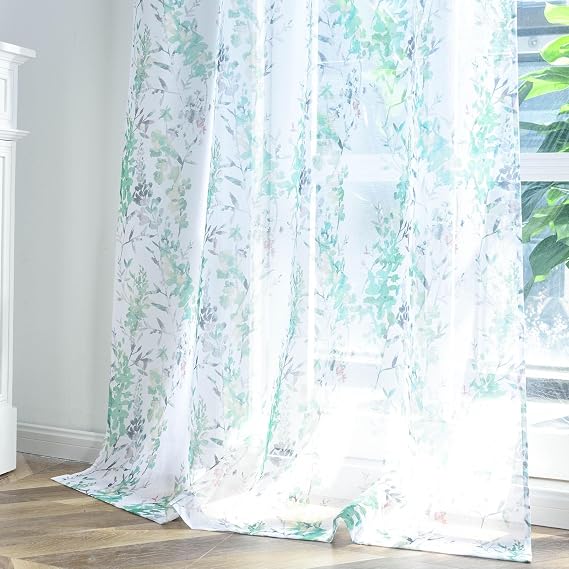 Kotile White Sheer Curtains Printed Green Branch Leaf 52x63 Inch, 2 Panels