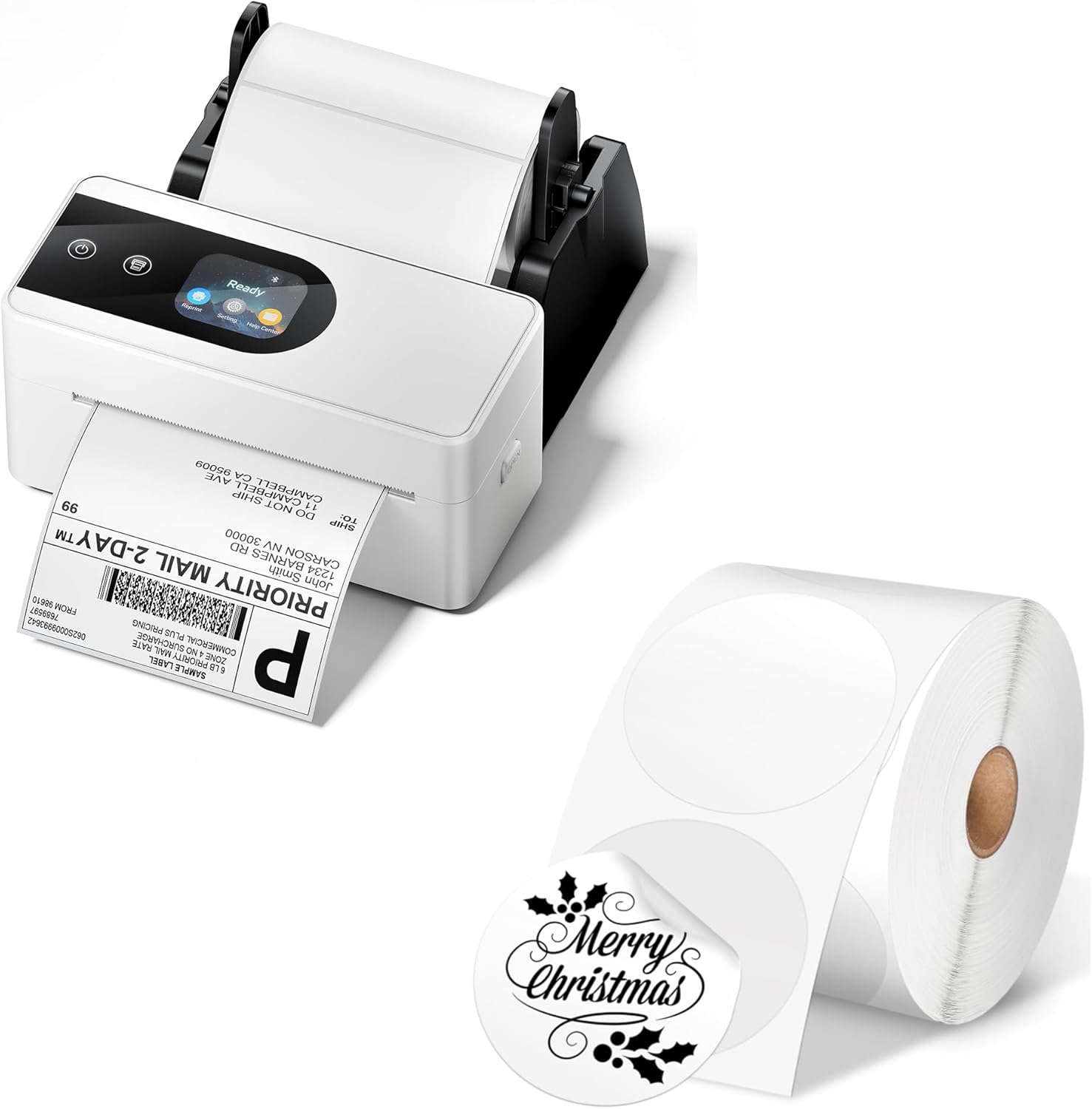 Phomemo 4x6 Shipping Label Printer with Touch Screen, Wireless Bluetooth Thermal Printer for Small Business & Packages, Compatible with Amazon Shopify UPS USPS, 2” White Circle Label, 750 Labels