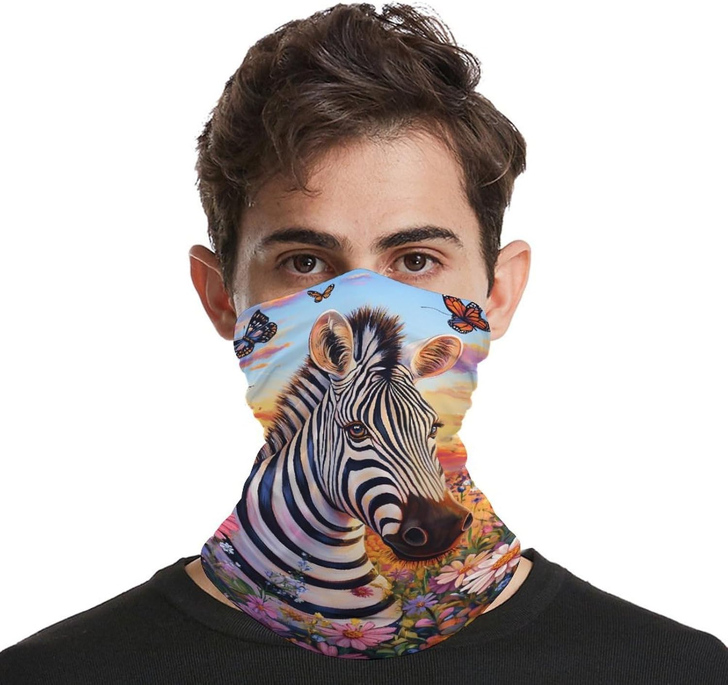 Zebras Butterflys on The Flower Neck Gaiter Windproof Face Mask Bandanas for Men Women Cold Weather Scarf