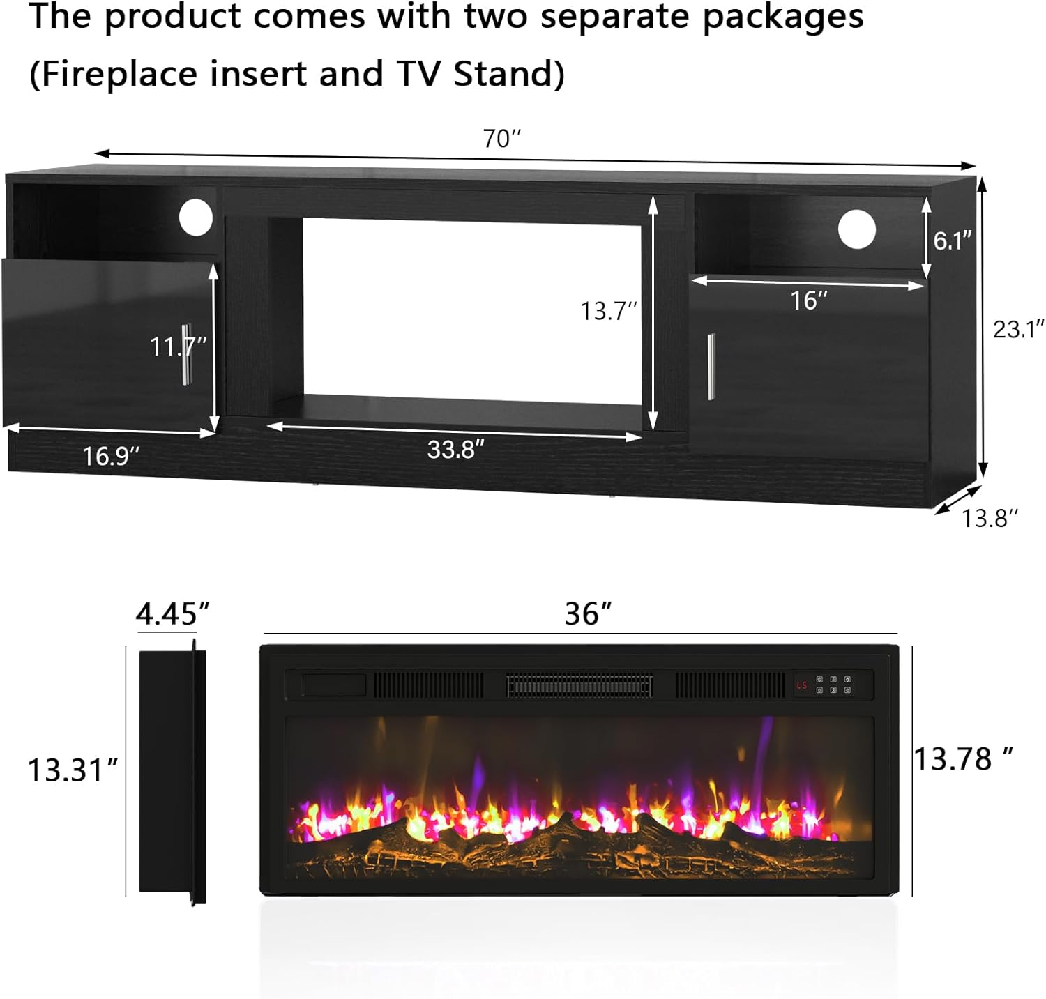 PUKAMI 70“ Fireplace TV Stand with 36" Electric Fireplace for TVs Up to 80", LED Light Entertainment Center with Highlight Storage Cabinet, Modern Wood Media TV Console for Living Room, Black