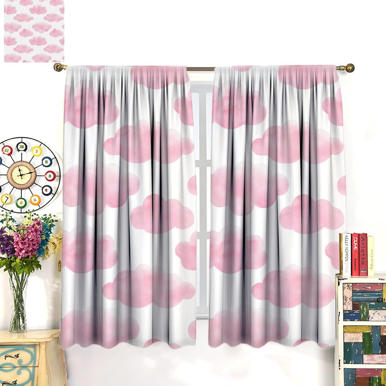 White Pink Cloud Curtains for Girls Bedroom Blackout Cute Printed Cloud Pom Pom Farmhouse Rod Pocket Elegant Window Treatment for Living Room 42x54 Inch, Style-1