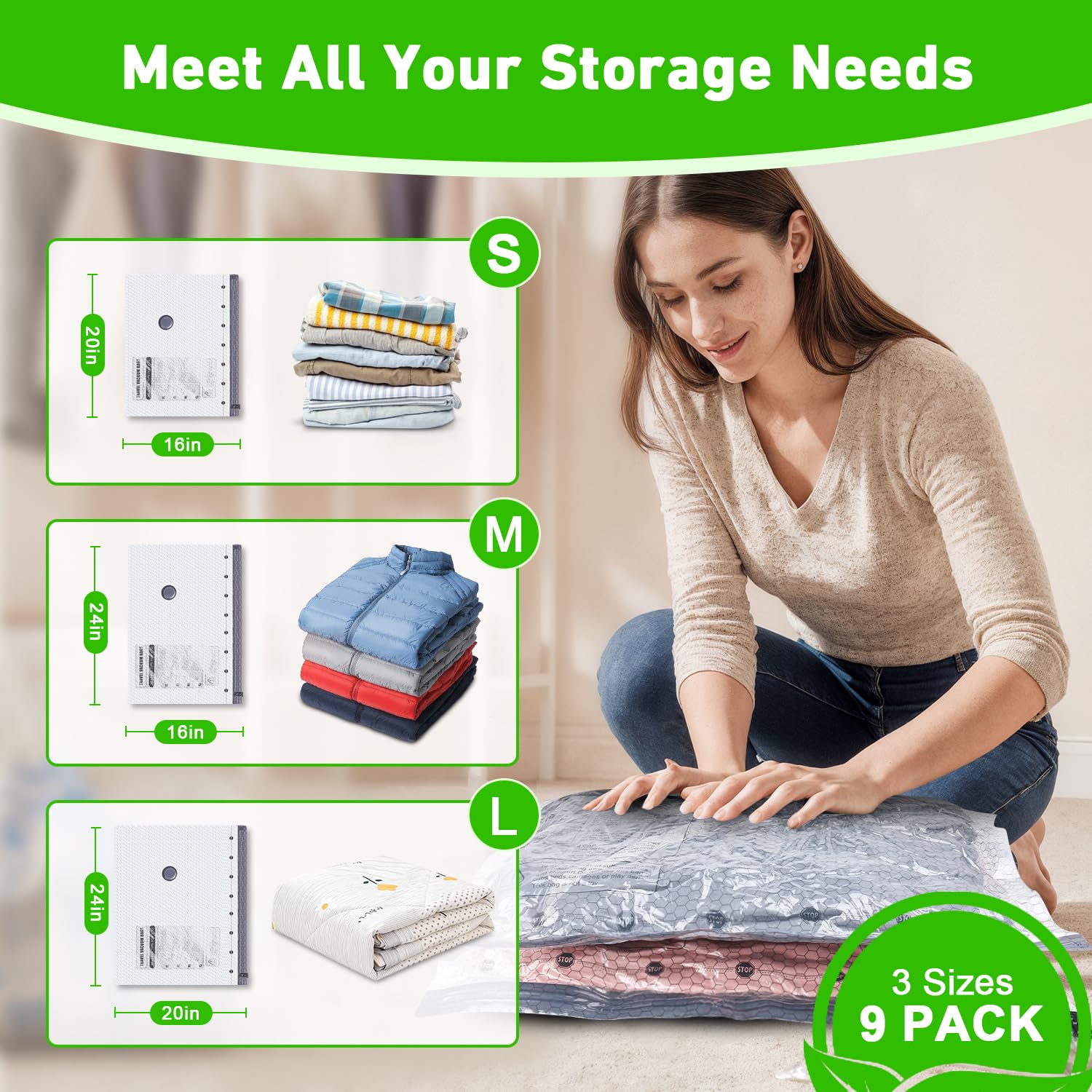 Bolsas de sellado al vacío para ropa con bomba eléctrica inalámbrica, para viajes y uso doméstico, paquete de 9 bolsas de almacenamiento al vacío ideales para ahorrar espacio, bolsas de