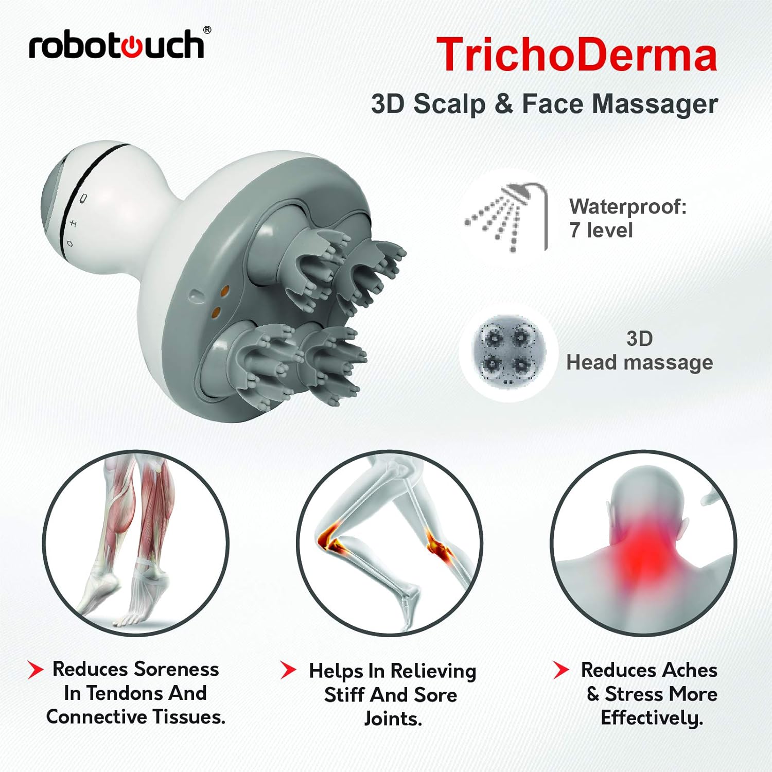 Robotouch TrichoDerma Rechargeable Waterproof 3D Scalp Massager-Handheld Portable Head Massager Machine For Stress Relief And Deep Muscle Relaxation (White) Robotouch TrichoDerma Rechargeable Waterproof 3D Scalp Massager-Handheld Portable Head Massager Machine For Stress Relief And Deep Muscle Relaxation (White)