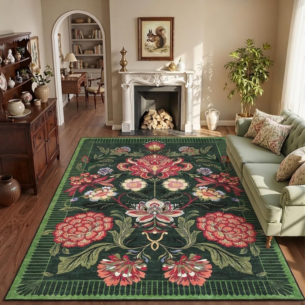 GarveeHome Forest Green Floral Christmas Washable Rugs 5x7 Area Rug for Living Room, Vintage Boho Cottage Throw Rugs Low Pile Carpet for Bedroom Dining Nursery Rug