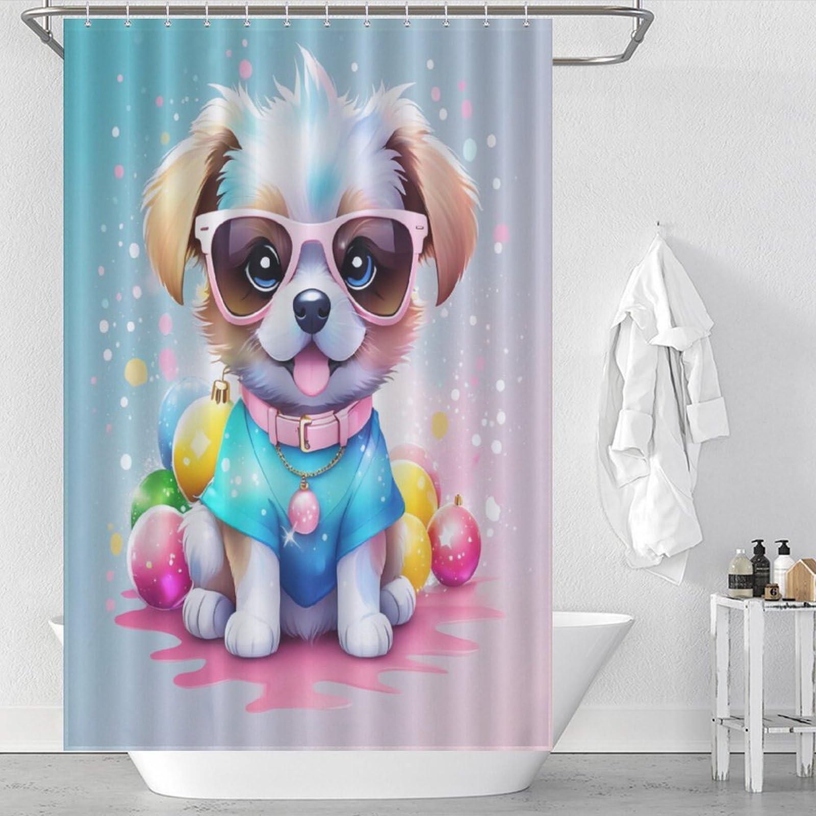 Rideau de douche chien imperméable et séchage rapide en tissu lavable pour salle de bain