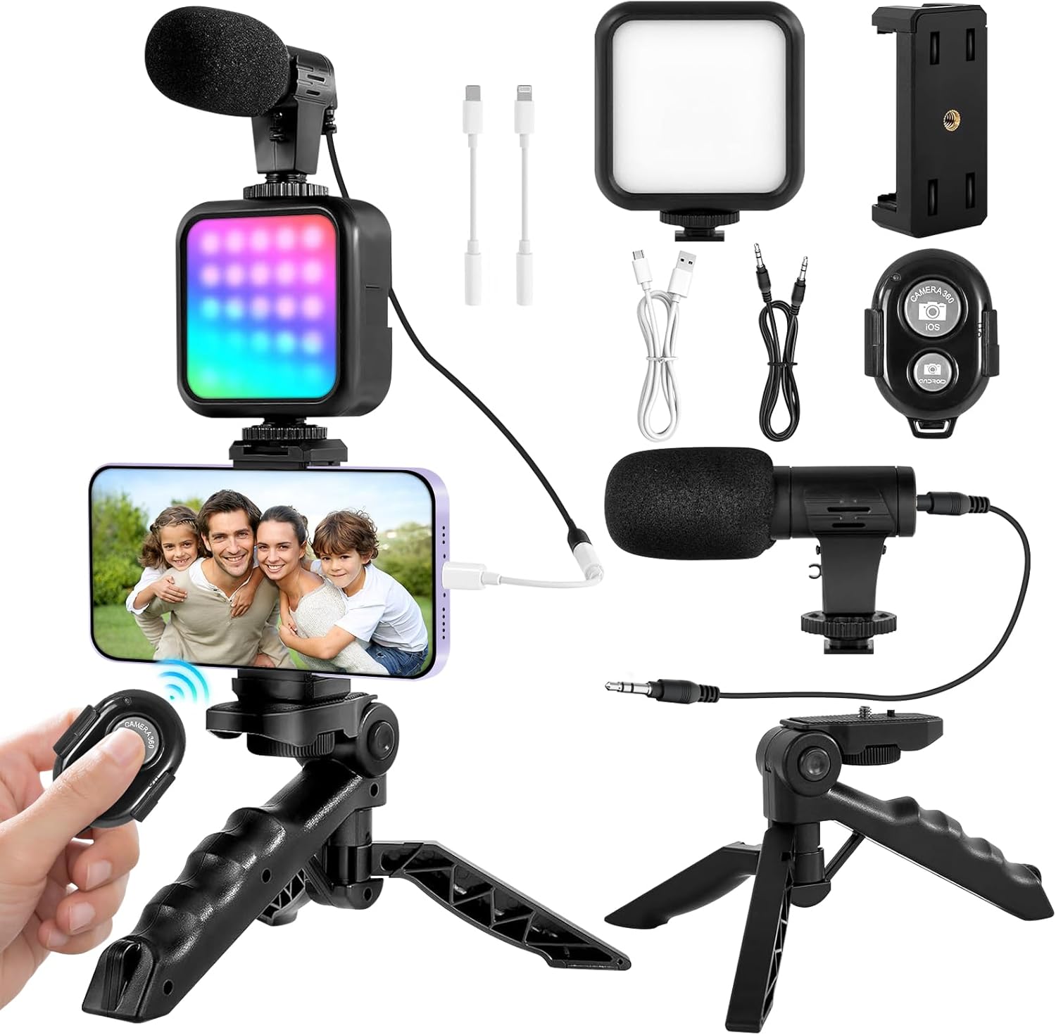 RGB Vlogging Phone Tripod with Mini RGB LED Video Light, Cardioid Microphone, Phone Holder, Compatible with iPhone & Android, for YouTube, TikTok, Instagram & Live Streaming