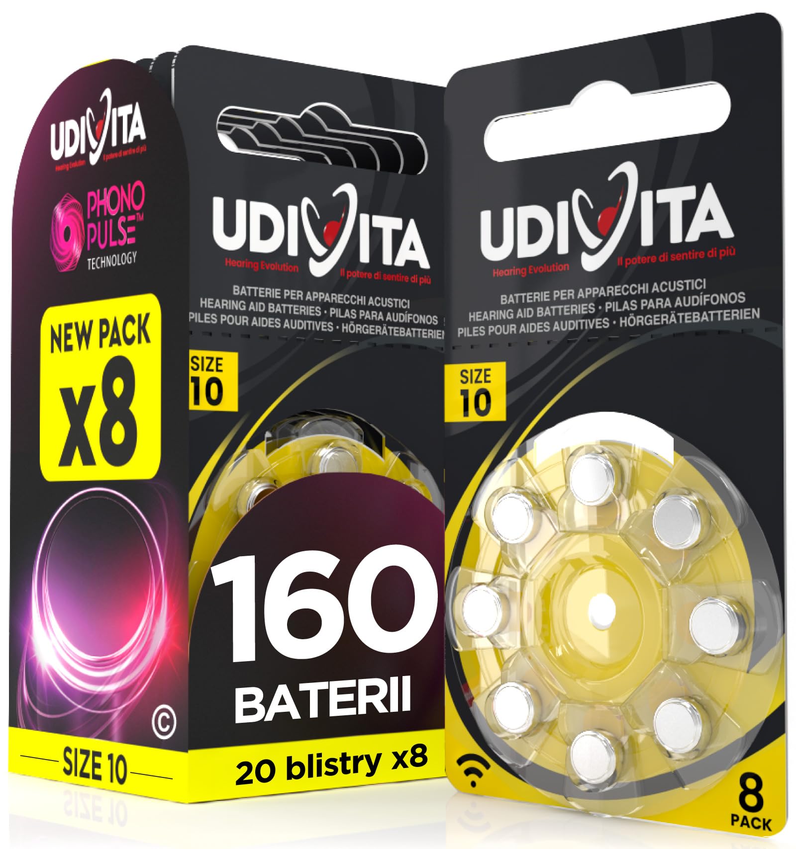160 baterii do aparatów słuchowych Udivita rozmiar 10 (żółty) PR70 z technologią Phono Pulse - 20 blistrów po 8 baterii