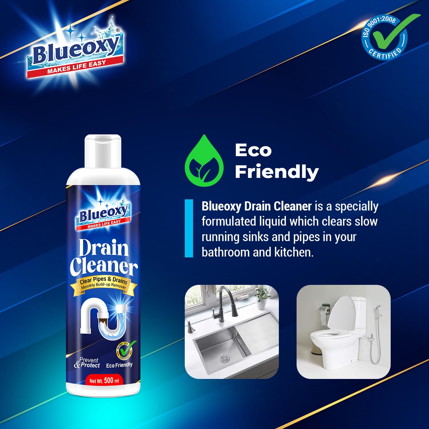 Blueoxy Drain Clog Remover Liquid | Used for Shower & Sink Drains & Pipes | Pure Gel Based | 500 Ml | Pack of 1 - Image 3 thumbnail