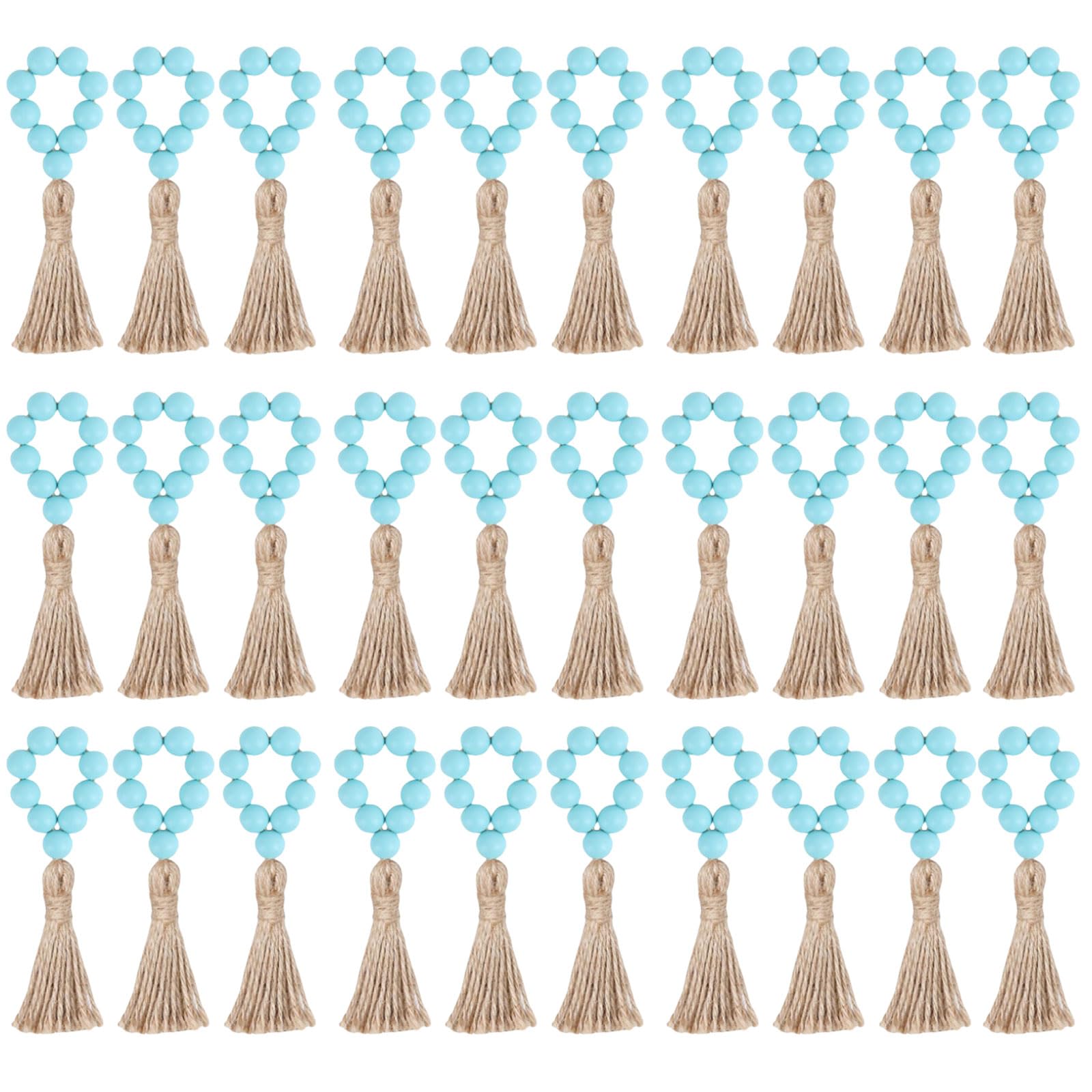 Tsophreniq 30pcs Simple Wood Bead Napkin Rings Farmhouses Styles Elastic Rings with Wood Beads and Linen Tassels Circlets
