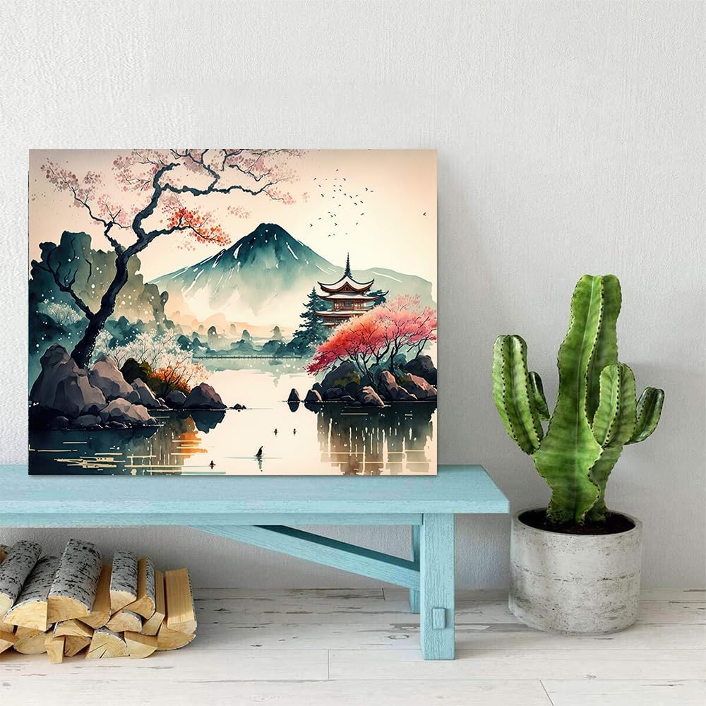 Japanese Landscape Paint by Numbers, Mount Fuji Paint by Numbers Kit for Adults, Japan Cherry Trees Watercolor Paint by Numbers Kits, With Frame Easy Paint by Numbers for Beginners Art Crafts 16"x20"