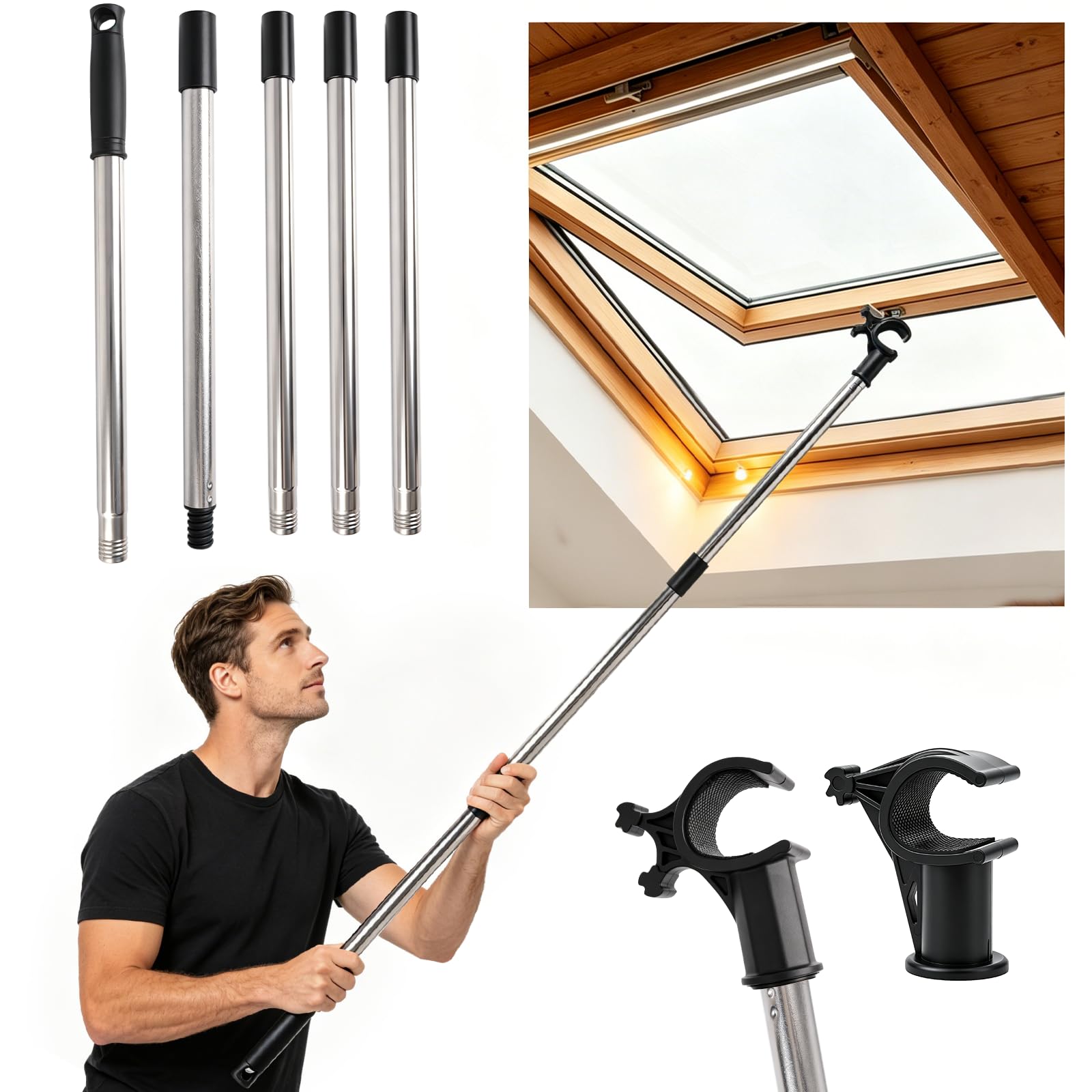 Canne Télescopique Fenêtre de Toit 1,86 m, Perche de Commande avec Crochet pour Ouvrir et Fermer les Fenêtres de Toit et Stores, Compatible VELUX GGL GGU GPL GHL