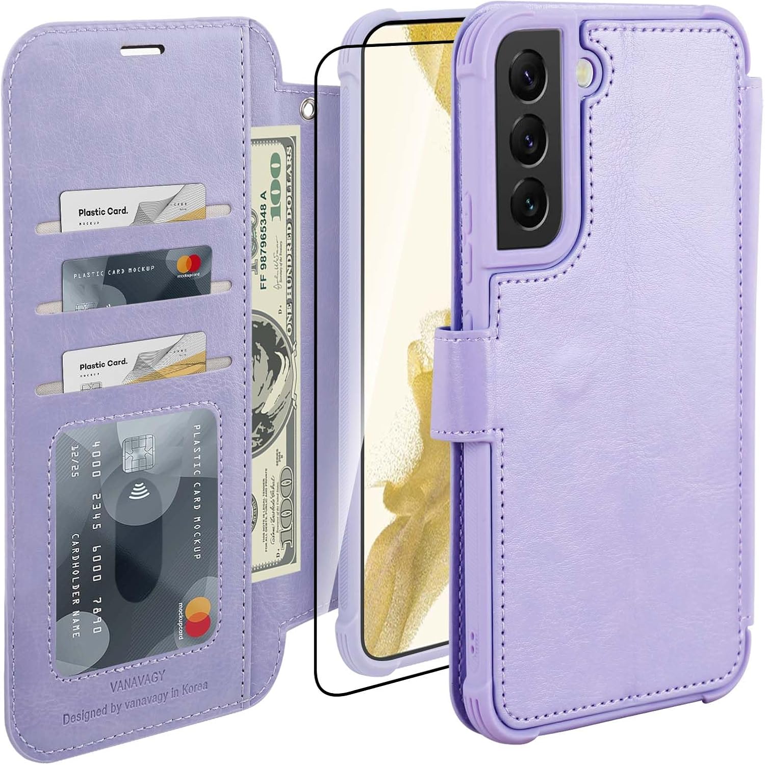VANAVAGY Compatible for Galaxy S22+ Plus Wallet Case for Women Men, PU Leather Flip Cover with Wrist Strap for Wireless Charging with RFID Blocking Card Holder Screen Protector, Clove Purple