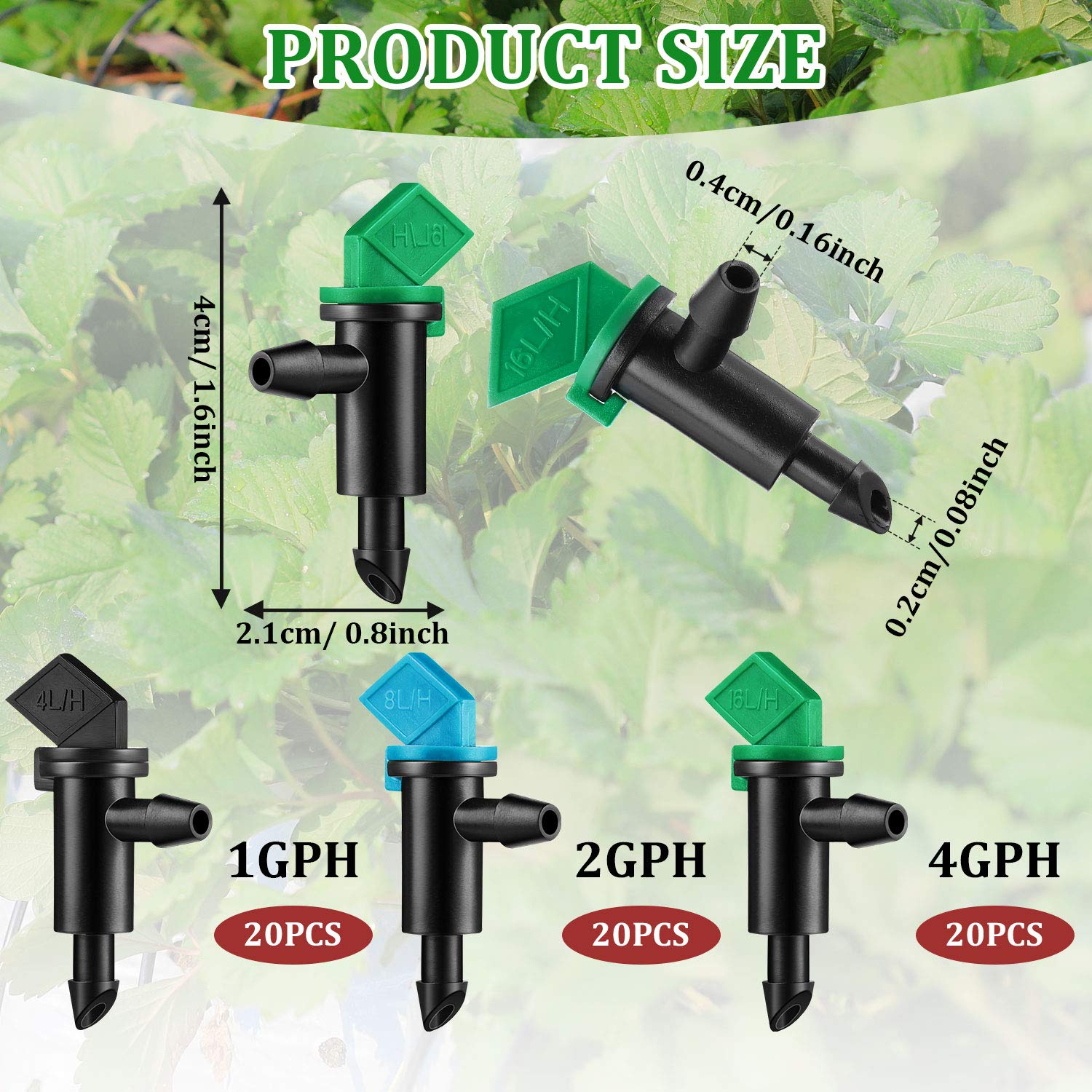 Mudder 60 Pcs Flag Drip Emitters for Drip Irrigation, 3 Sizes, 1 2 4 GPH