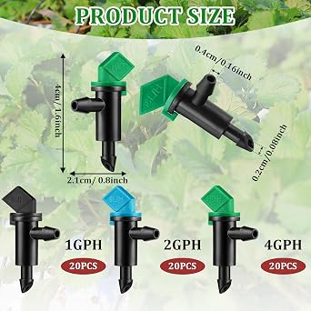 Mudder 60 Pcs Flag Drip Emitters for Drip Irrigation, 3 Sizes, 1 2 4 GPH | Fits Trees Shrubs Pots, Color Coded by Flow Rate, Easy Stake Insert, Drip Irrigation Dripper Flags
