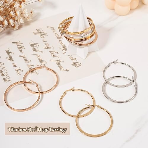 Miniatura 6 de Craftdady Juego de 6 pares de aretes de aro de acero de titanio, 6 estilos, planos, grandes, redondos, palancas abiertas, aretes tipo huggie para