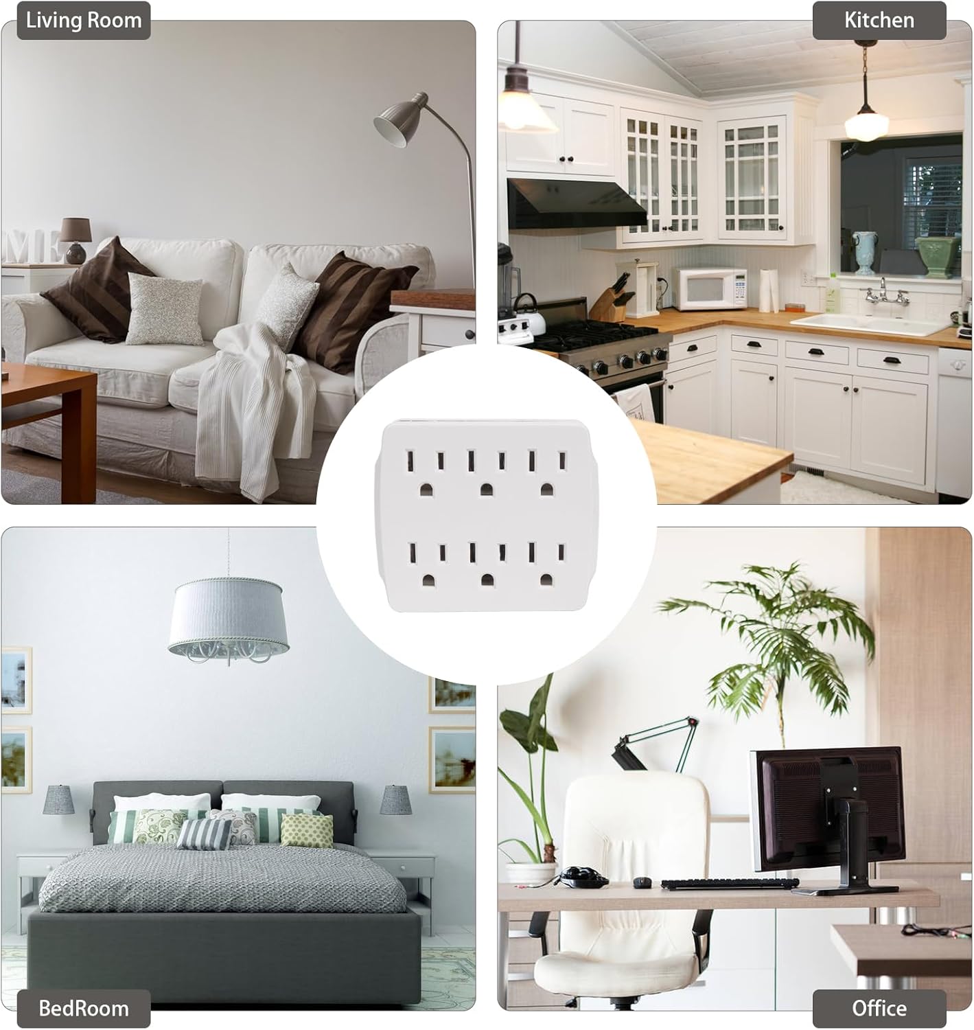 Diagram showing compatible outlet types (Decor Outlet, Duplex Outlet) and incompatible types (USB Outlet, GFCI Outlet) for the 6-outlet extender.