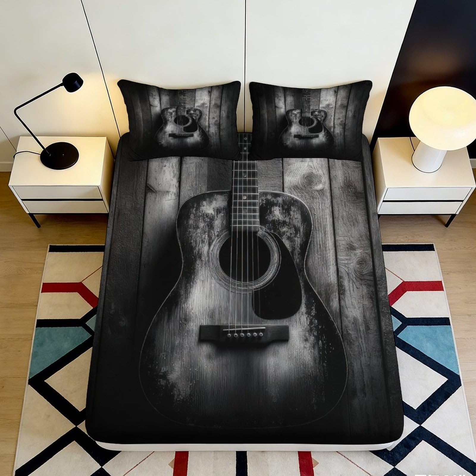 3D Printed Vintage Guitar Fitted Sheet Microfiber Soft Black Woodgrain Bed Cover for Bedroom Dorm Mattress Decor 160x200x25cm