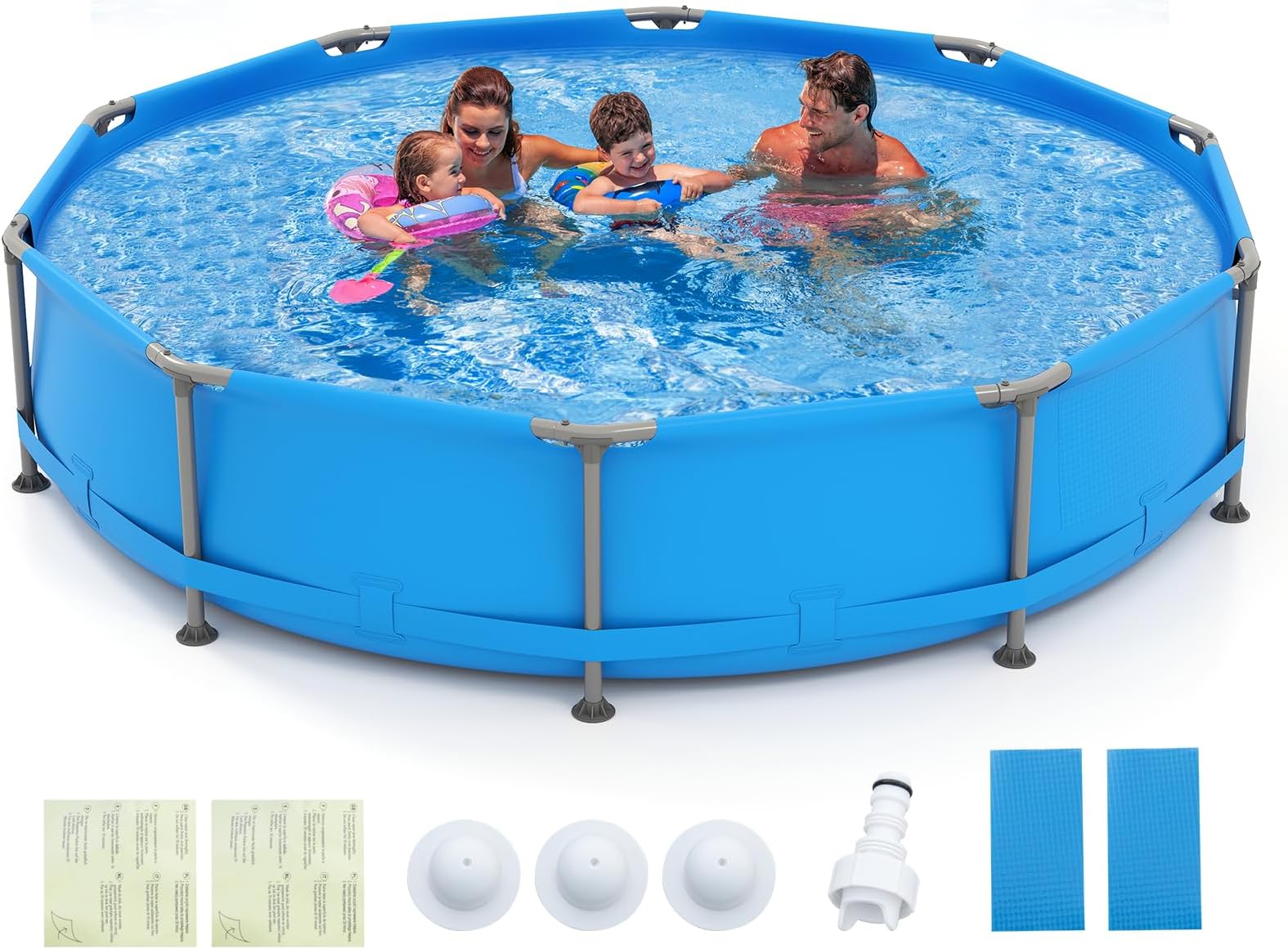 Moccha 12' x 12' Round Above Ground Pool - Metal Frame Family Pool Set with PVC Fabric, 3 Stoppers & Drainage Valve Connector, Outdoor Backyard Swimming Pool, 1617 Gallons of Water