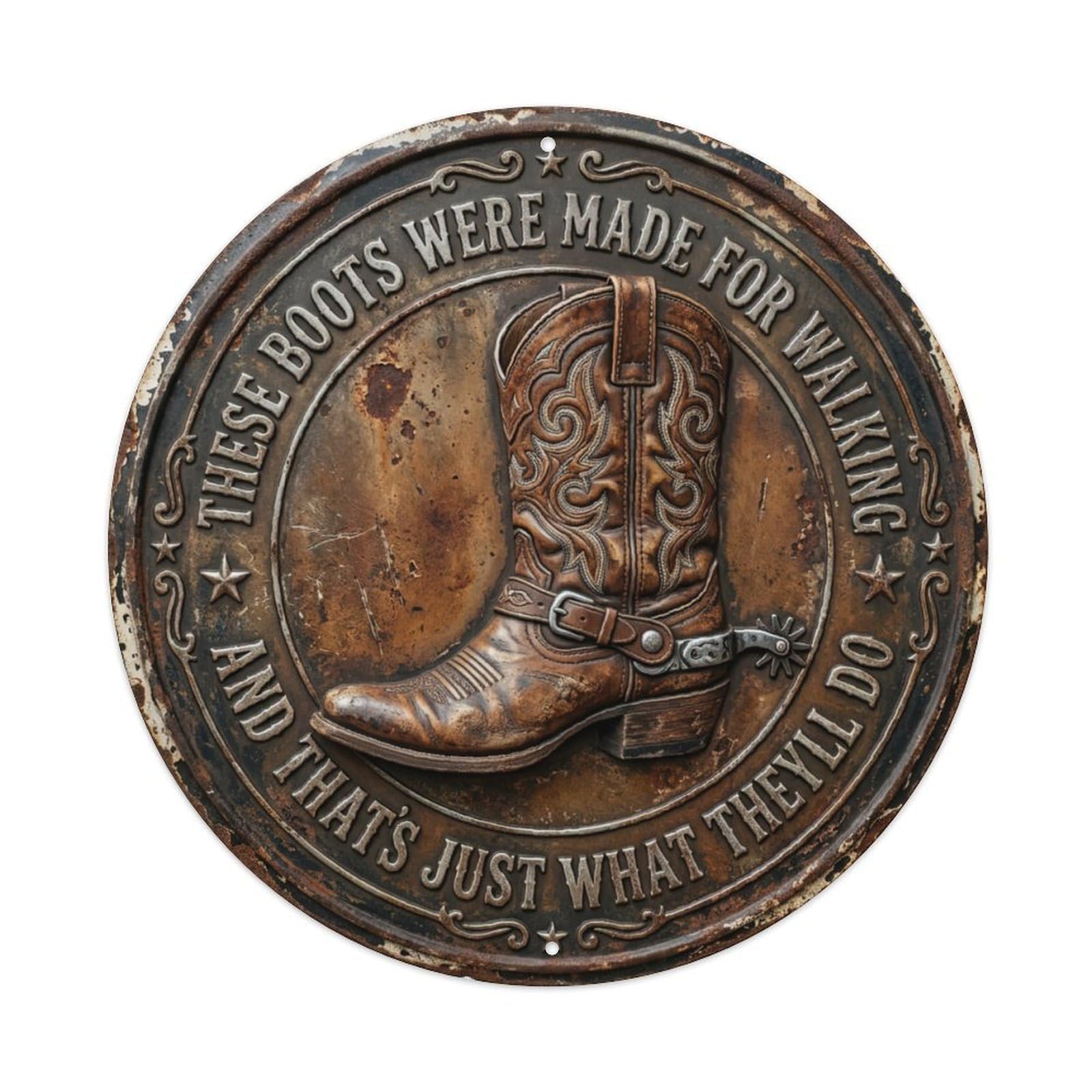 Ldfuieksufg Style Round Vintage Western Cowboy Boots Country Music Metal Wall Sign Vintage Aluminium Metal Sign, Retro Wall Decor For Home, Bar, Garage & Farmhouse 20X20cm
