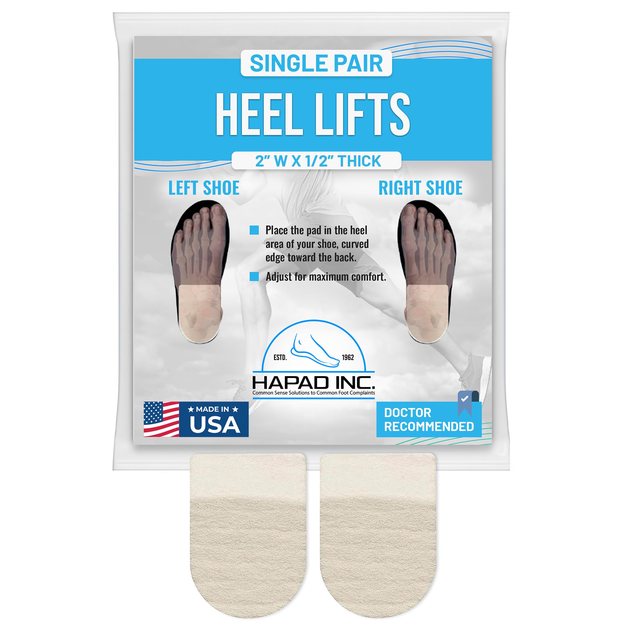 HAPAD Heel Lifts for Women & Men, 1/2" Height, 2" Width (Pack of 1) - Supportive, Breathable Shoe Heel Inserts, Pads - Shoe Lifts for Uneven Legs, Length Discrepancy, Achilles Tendonitis, Heel Pain
