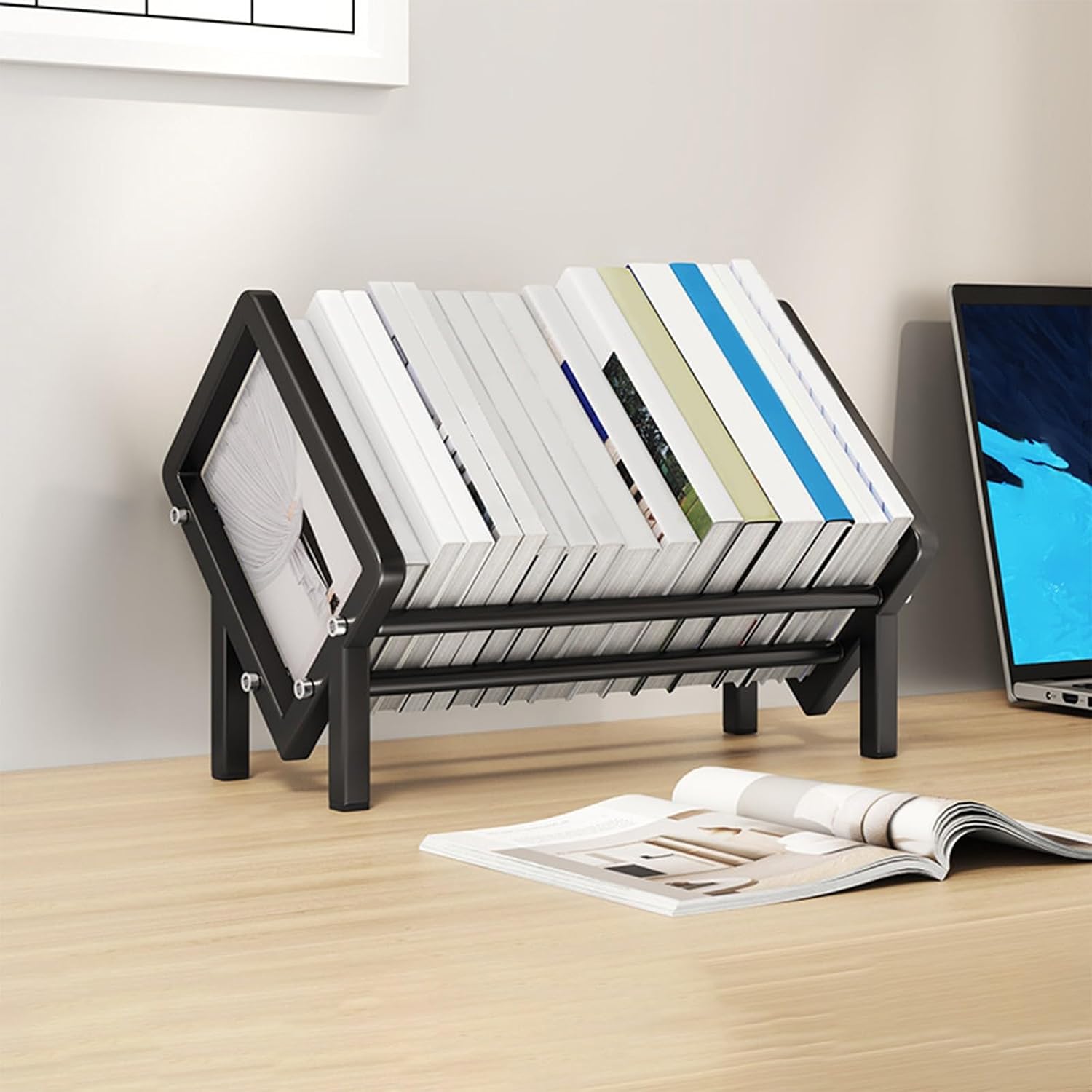 Sturdy Desk Hutch Metal Tabletop Bookshelf Modern Titled Small Bookshelf for Small Spaces Desktop Bookcases for Magazines Books Files Home Office Storage Rack for Top of Desk (black, 15.7 inch)