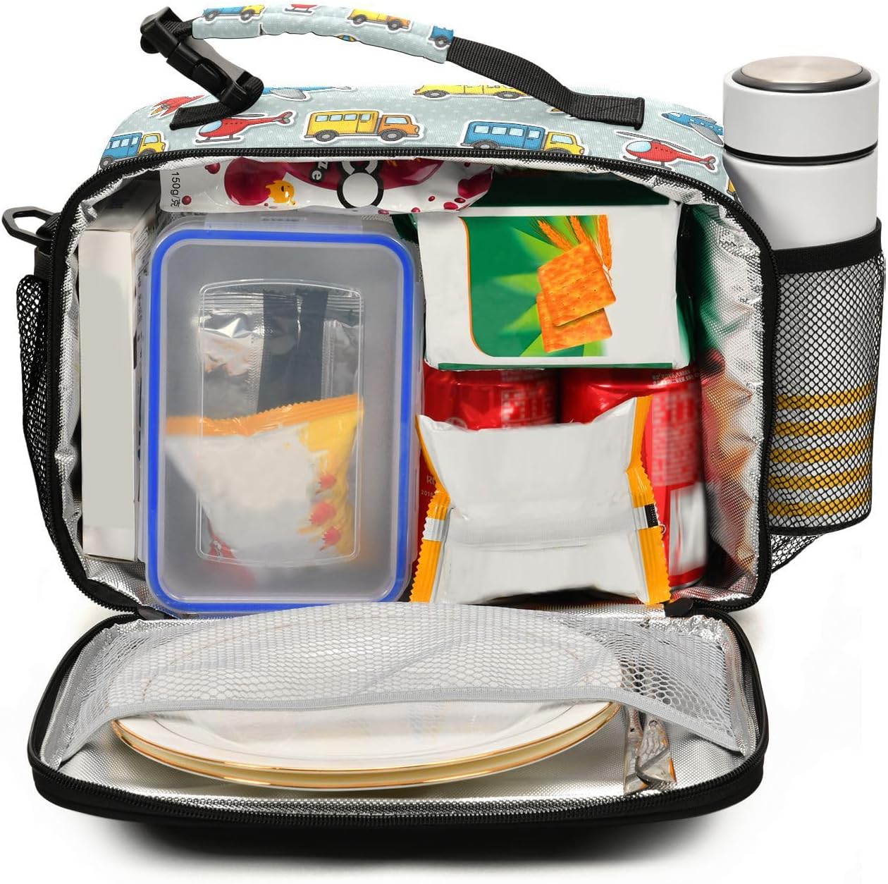 Dussdil Cartoon Bus Taxi Airplane Truck Kids Lunch Bags for Boys Girls Lunch Meal Box Insulated Thermal Cooler Bag Reusable Organizer Tote Lunch Bag with Adjustable Shoulder Strap for School Picnic