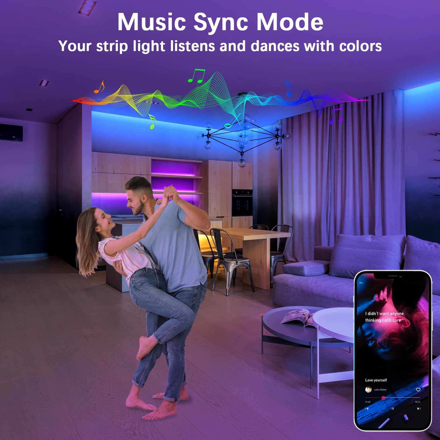 Couple dancing in a room with LED lights syncing to music