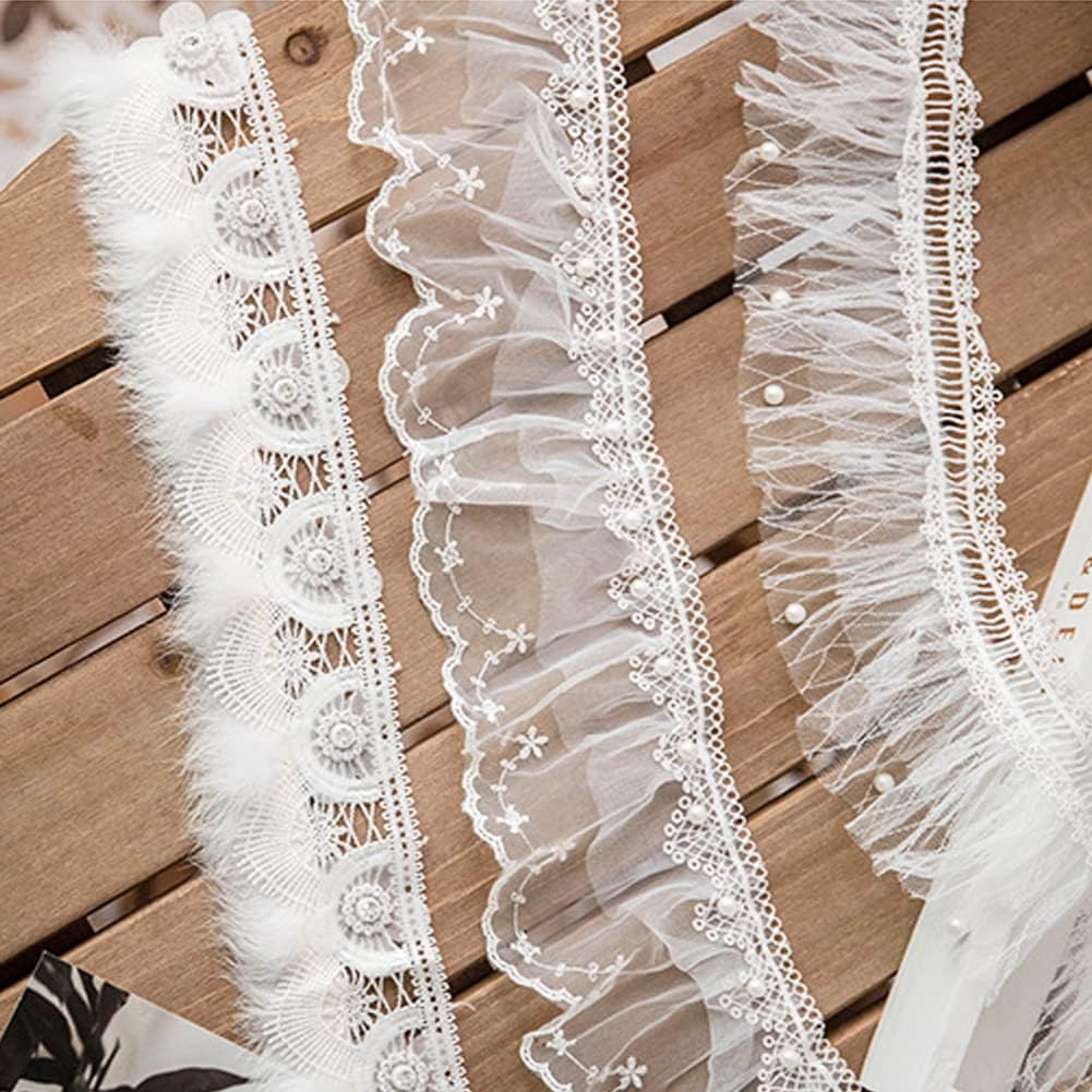 BETITETO 3 Yards White Ruffles Beads Lace Trim Pleated Pearl Organza Tulle Fabric Frills Ribbon for Sewing Clothing Curtains Wedding Decor Dress Designing and Crafts DIY (White-Off 3 Styles)