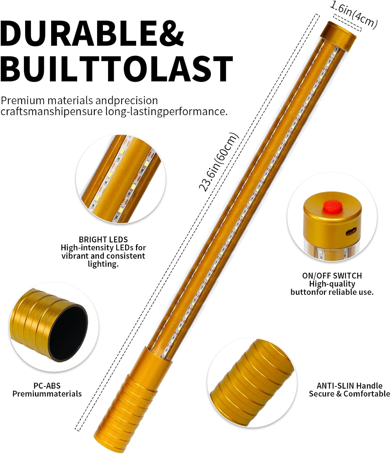 LED Bottle Service Light Stick, Rechargeable Portable Aluminum Light Wand, 60CM High Brightness LED Light Bar for Nightclubs, Events and Outdoor Adventures（Gold Metal,White Light