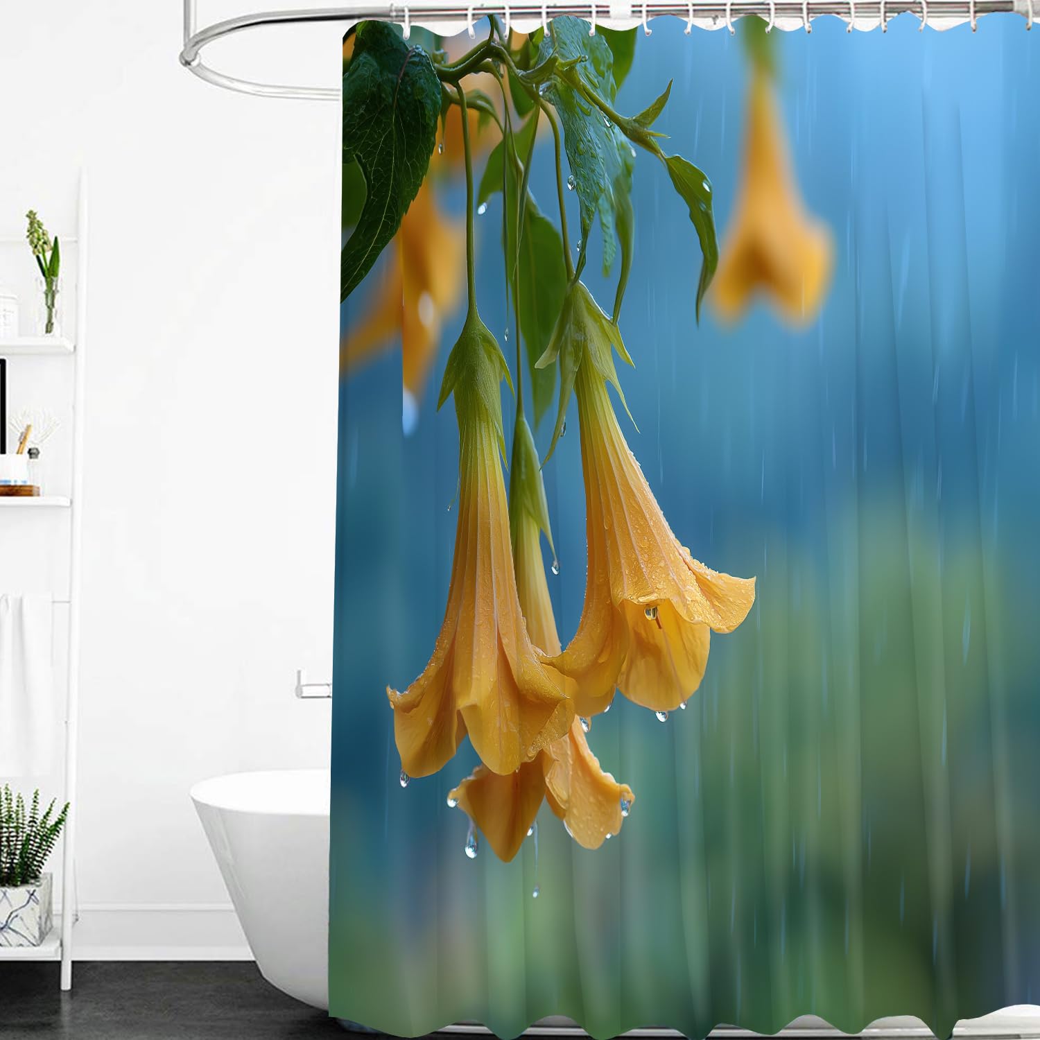 Cortina de Ducha con Diseño de Flores Amarillas,Estilo Pastoral con Estampado de Gotas de Agua y Ganchos de Plástico,Duradera y Lavable para Decoración de Baño,240Anx200Alcm (1 Panel)
