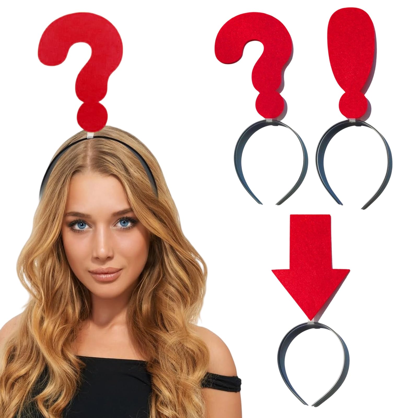 Lot de 3 Serre-têtes Humoristiques avec Flèche Rouge, Point d'Interrogation et d'Exclamation - Accessoires de Déguisement Originaux pour Halloween, Carnaval, Fêtes et Photobooth