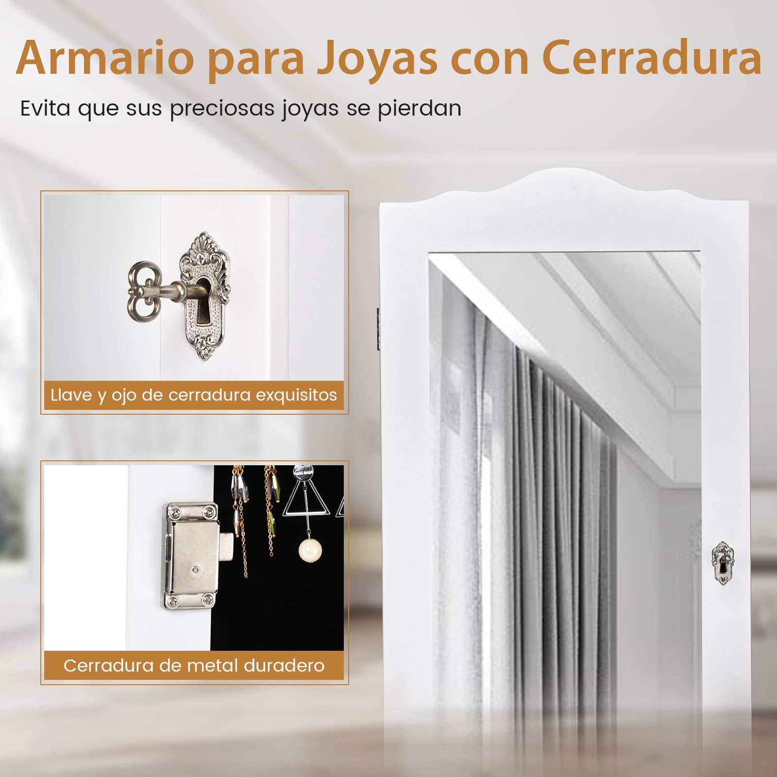 COSTWAY Armario Espejo para Joyas con Inclinación Ajustable Gabinete para Joyería con Cerradura Espejo de Pie Organizador para Anillos Cadena y Pendientes (Blanco)