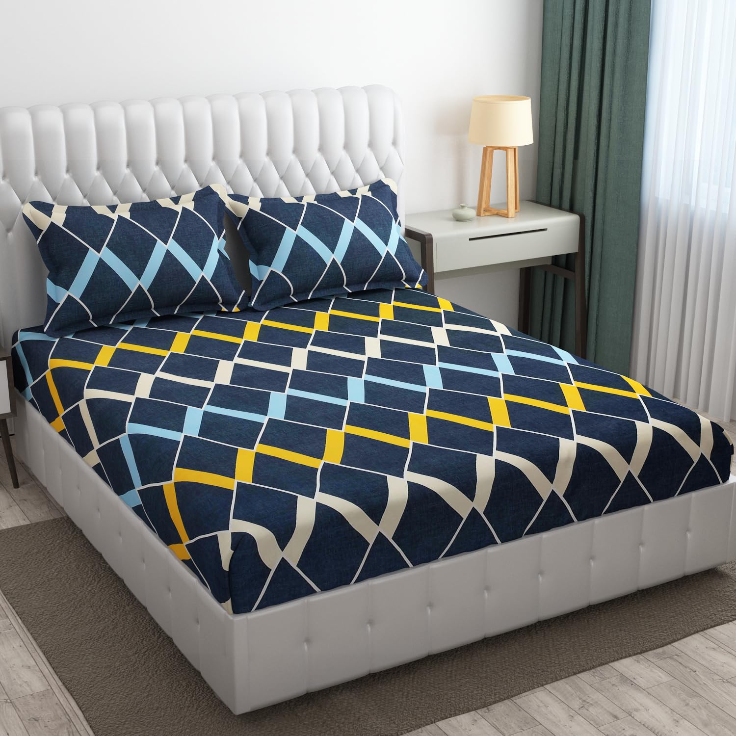 SHOMES 250 TC 100% Cotton Feel Bedsheet for Double/King Size Bed | Geometric Design Bed Spread with 2 Pillow Covers | Soft Breathable & Wrinkle Free Bedsheets/Bedcover (90 x 90 Inches | Blue) (B0CV7W7NS9) Amazon Price History, Amazon Price Tracker