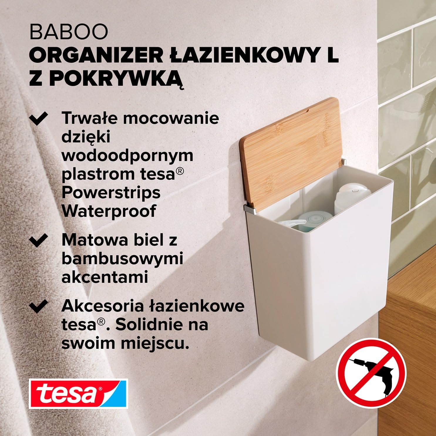 tesa Baboo Organizer Łazienkowy L z Bambusową Pokrywą, Matowy Biały, Pojemnik do Łazienki, Montaż bez Wiercenia, Plastry Montażowe tesa Powerstrips Waterproof XL, 182 mm x 210 mm x 102 mm