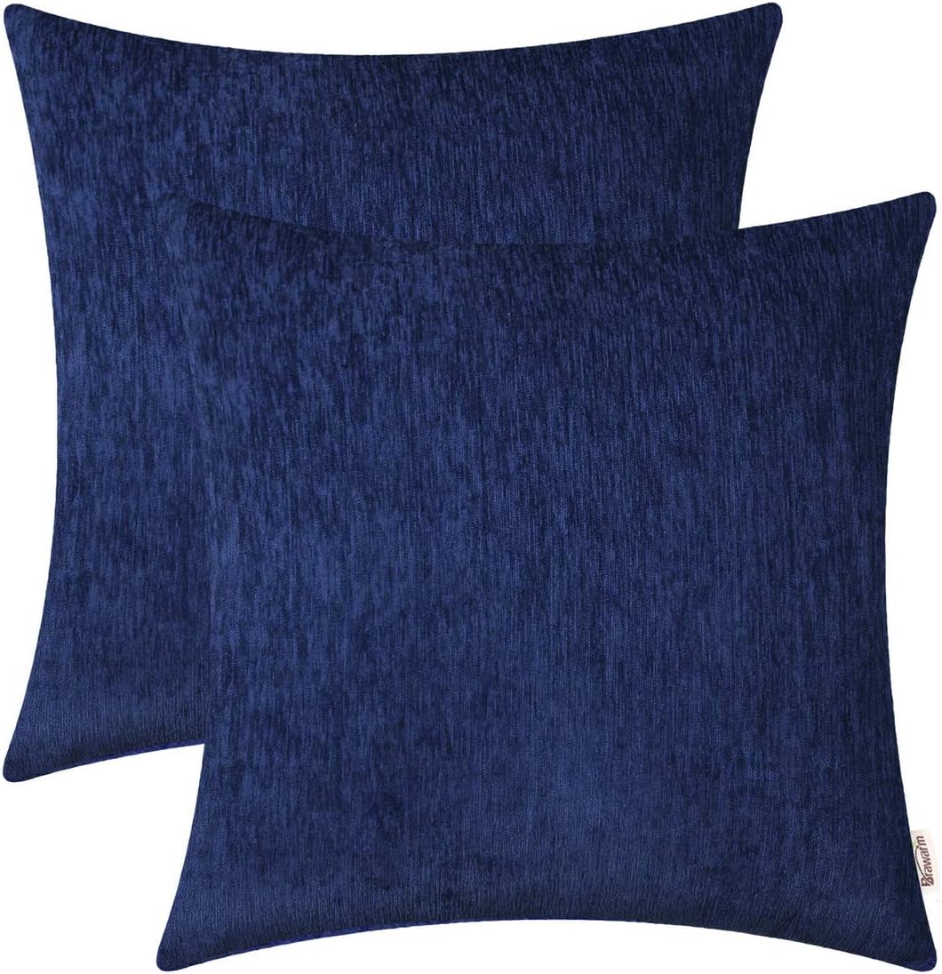 BRAWARM Chenille Throw Pillow Covers 20x20 Inches - Navy Blue Chenille Pillow Covers Pack of 2, Solid Dyed Soft Chenille Pillow Cases for Couch Sofa Bed Home Decoration