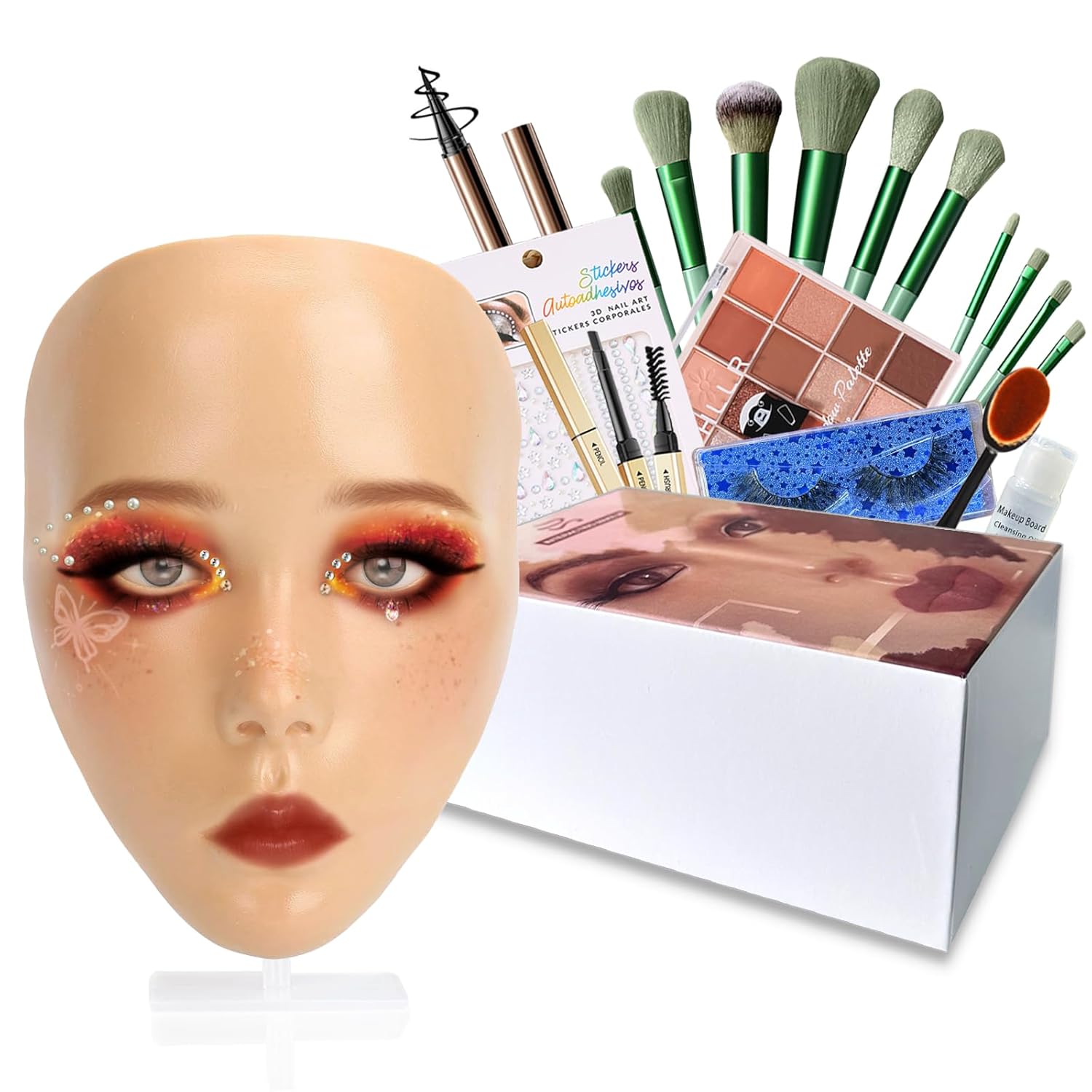 Silicone Makeup Practice Face Board Kit, Mannequin Face for Makeup Practice with Brushes Set & Eye Shadow & Rhinestones Sticker-Black